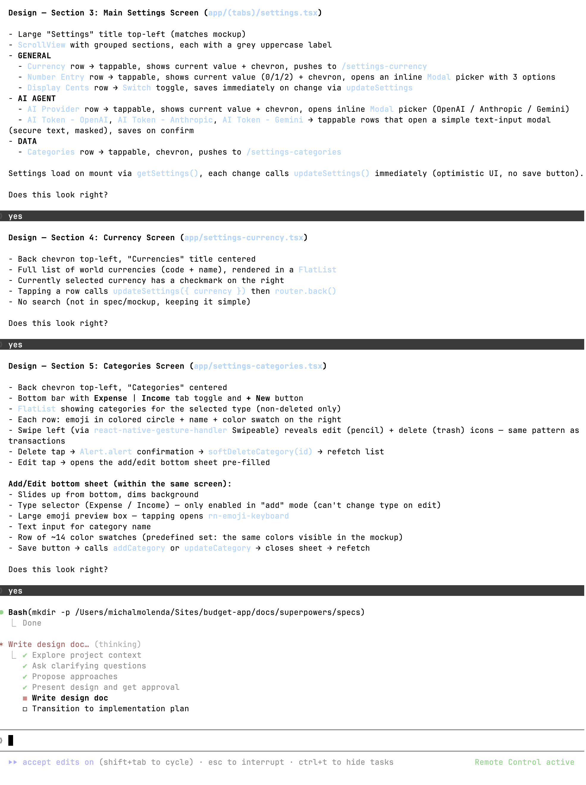 Claude Code opisuje projekt ekranów ustawień, walut i kategorii oraz zapisuje dokument projektowy.