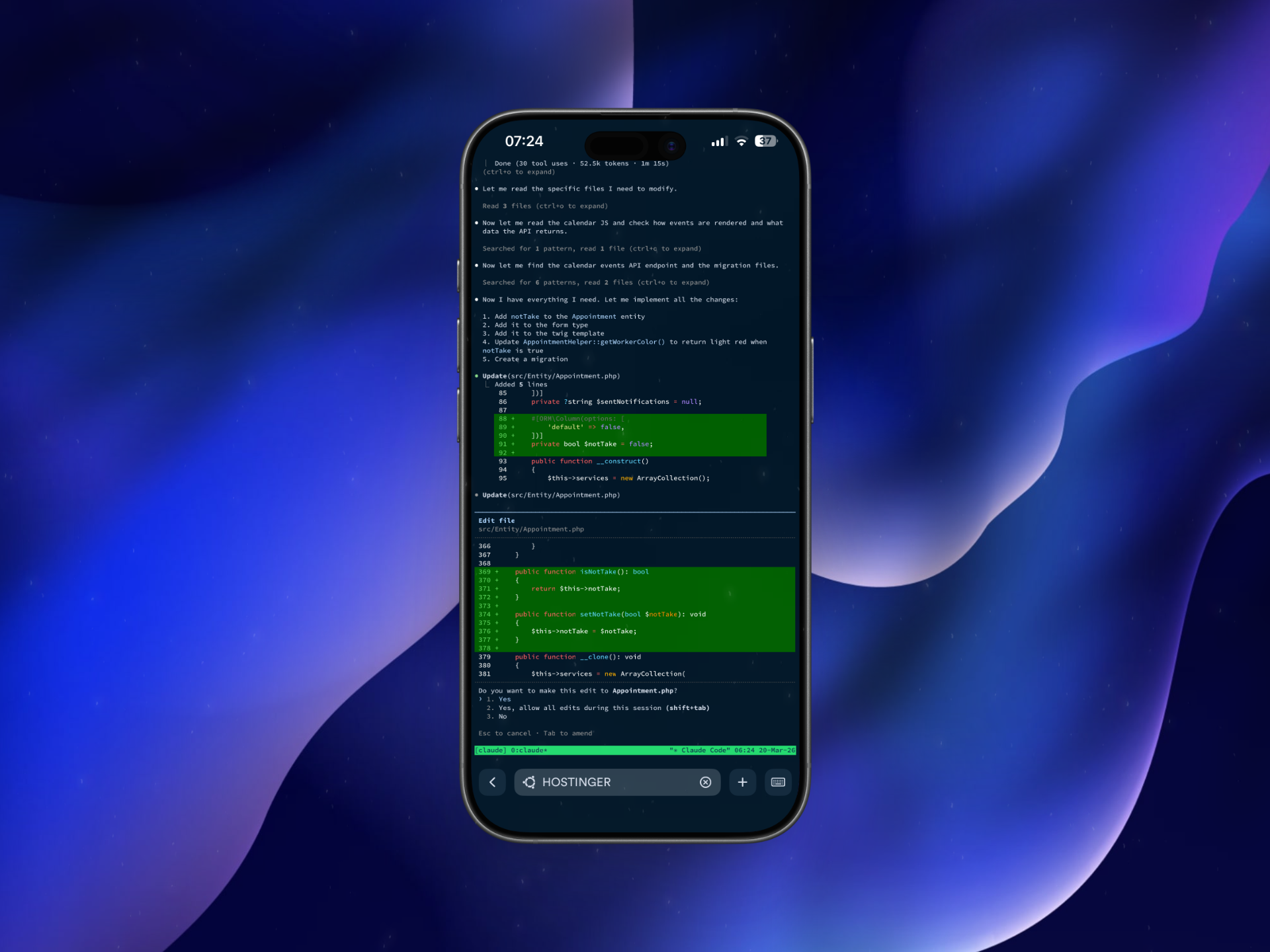Przykład zdalnej sesji agenta AI w terminalu na telefonie, opublikowany w artykule.